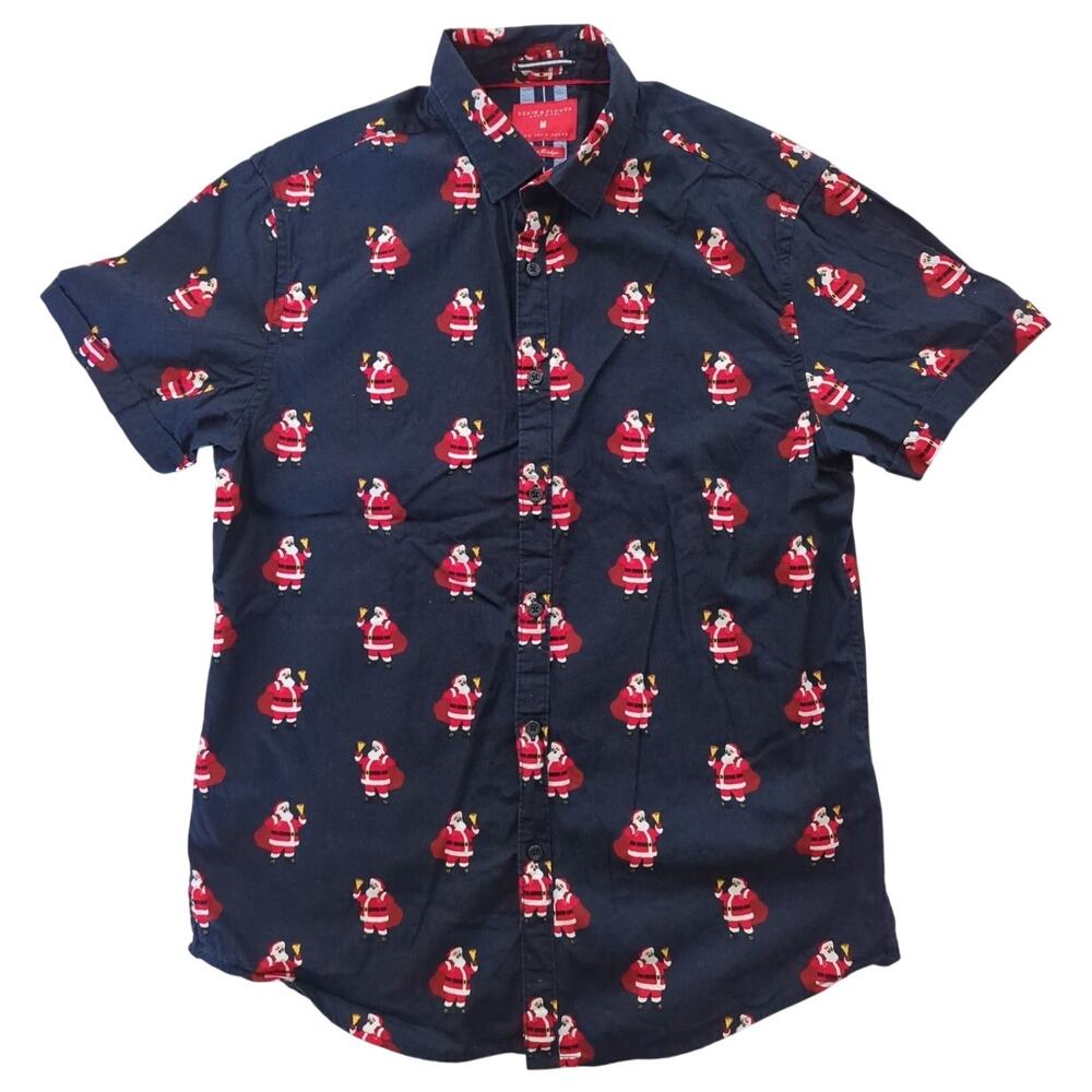 DENIM & FLOWER RICKY SINGH Navy Blue Santa Print Short Sleeve Shirt Men's Size M